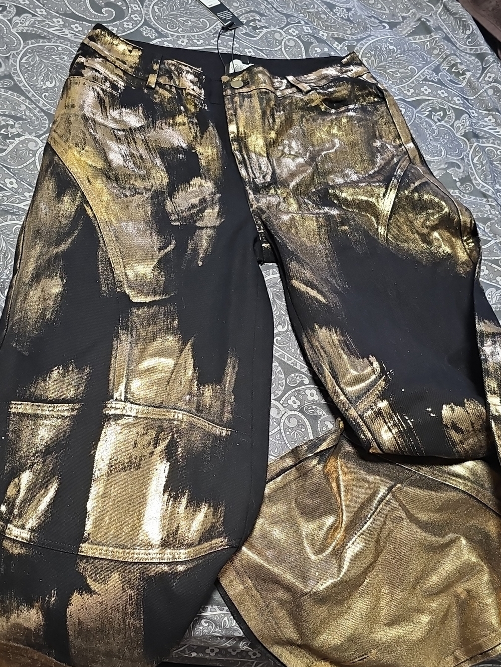 Black Pants with Metallic Gold Brushstroke Print